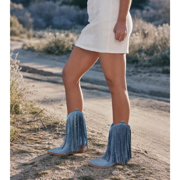 Women's Blue Cowgirl Rhinestone Boots With Sparkly Fringe Pointed Toe Wide Calf - Picture 8 of 9